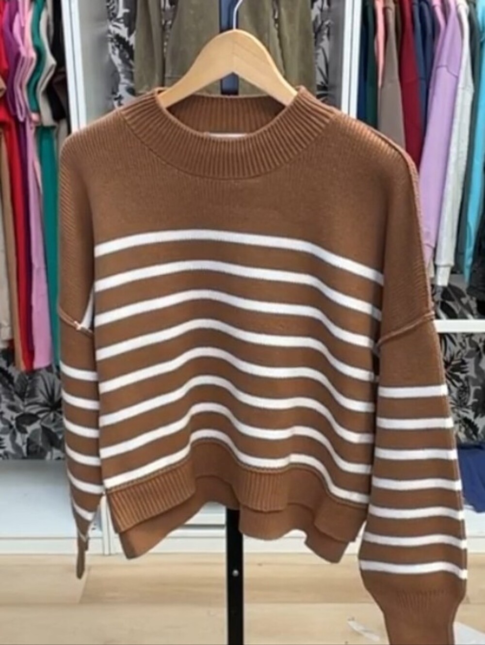 NEW Zenana Outfitters Camel & White Striped Crewneck Sweater Cropped. OVERSIZED